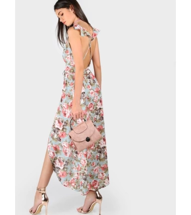 Vestido Asimétrico Espalda Cruzado Tela Estampada Floral Rosas